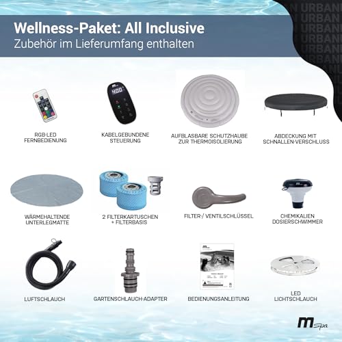 Miweba MSpa Aurora Whirlpool 6 Personen, Ø204cm, LED-Beleuchtung, UVC+ Reinigung, Fernbedienung, In/Outdoor Aufstellpool, Hot Tub