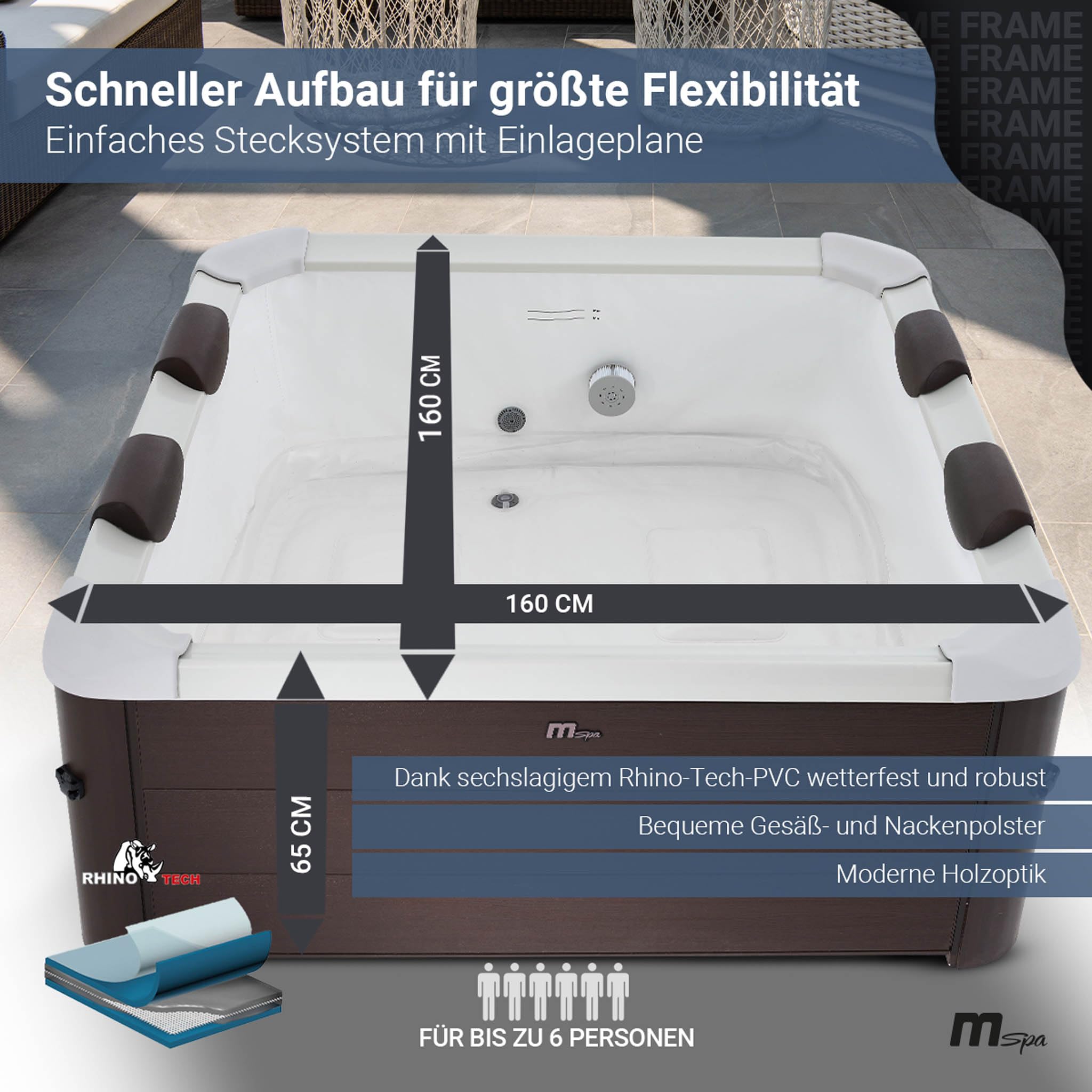 Miweba Whirlpool MSpa Tribeca, feste Außenwand, 6 Personen, 160x160x65cm, 120 Düsen, App-Steuerung, winterfest, In/Outdoor Aufstellpool