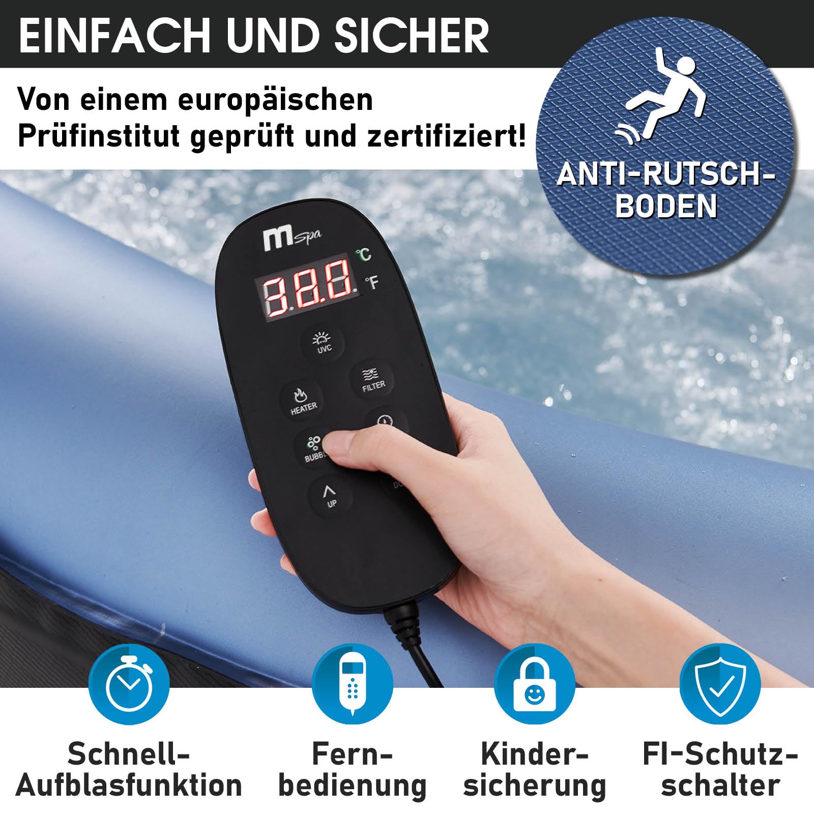 BRAST® Whirlpool MSpa Bergen, aufblasbar, 4–8 Personen, Ø180–224cm, bis 144 Düsen, winterfest, In/Outdoor, Heizung & Energiespar-Timer