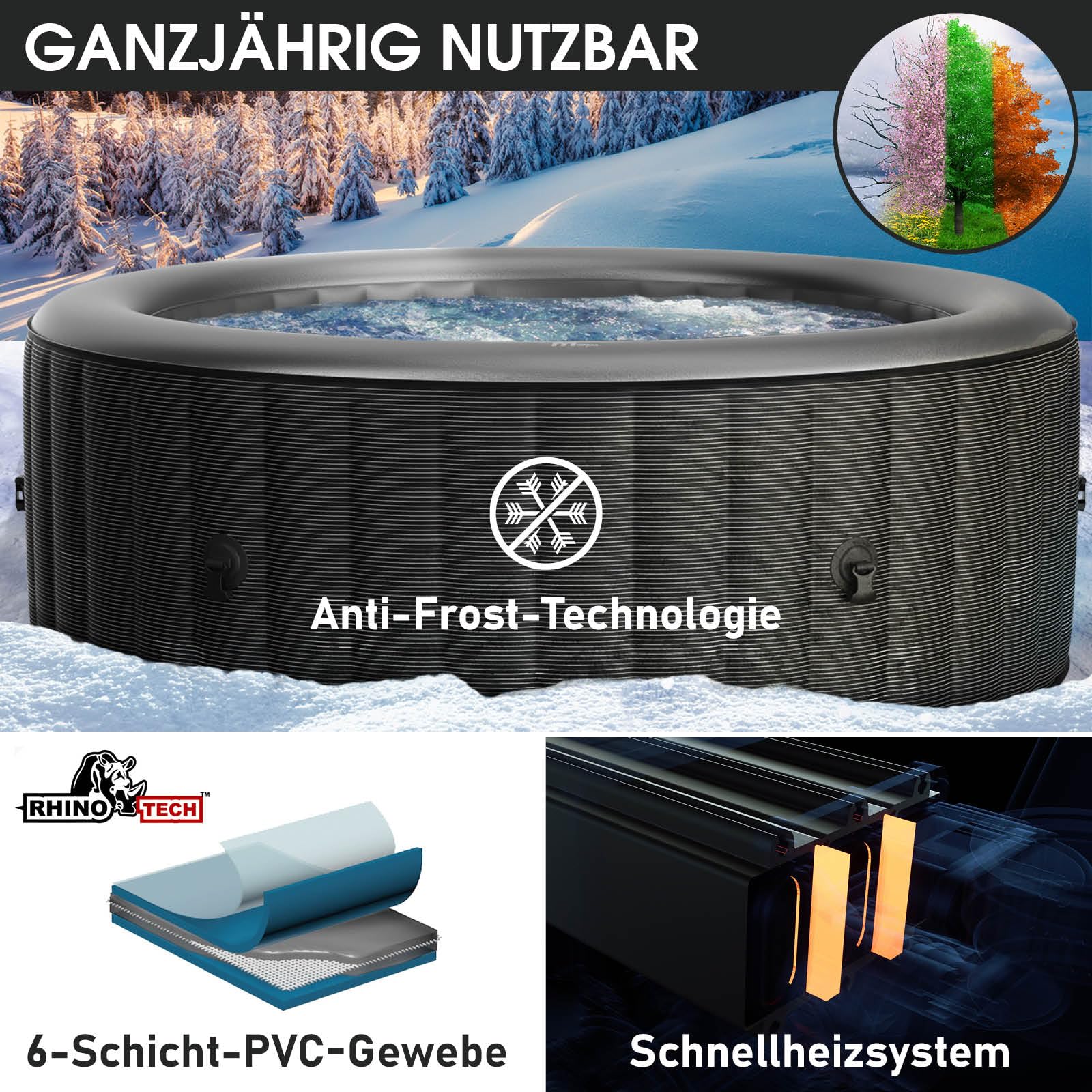 BRAST® Whirlpool MSpa Starry 6 Personen, Ø204x70cm, LED-Beleuchtung, 138 Massagedüsen, Heizung, Energiespar-Timer, Wellness Bubble Spa